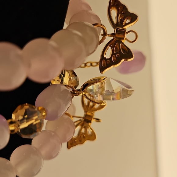 3 Pale Pink Glass, Crystal & Butterfly Accents Stretch Beaded Bracelet Set - Picture 3 of 7